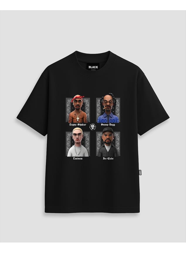 Camiseta Oversized Streetwear Lendas 4 Tupac Snoop Dogg Eminem Ice Cube - Preta