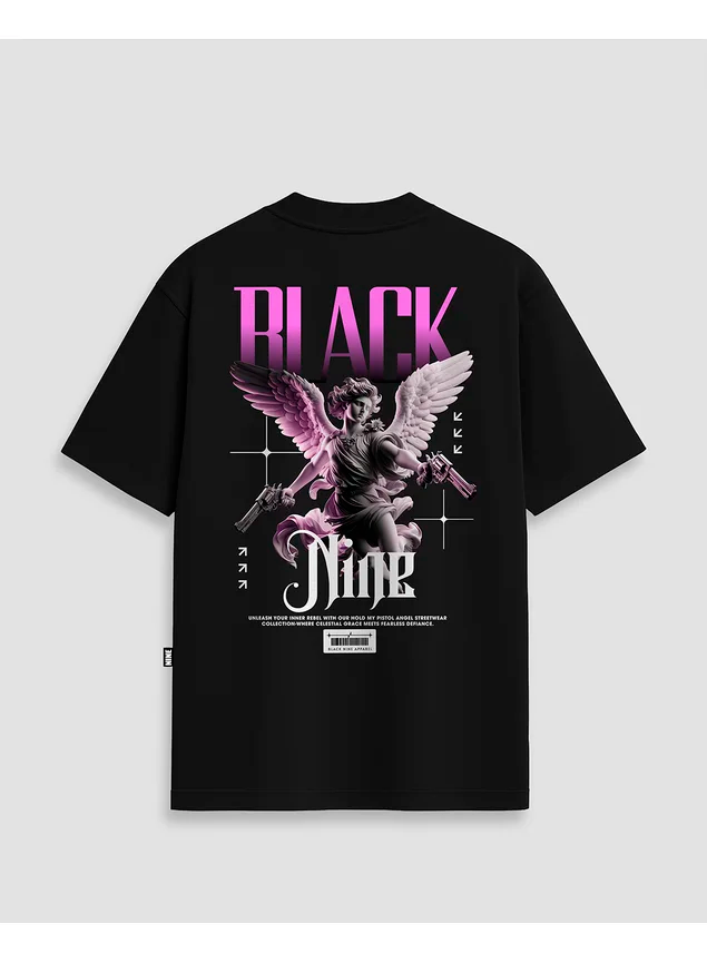 black nine Camiseta Oversized Streetwear Angel Pistol - Preta