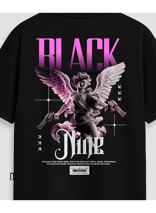 black nine Camiseta Oversized Streetwear Angel Pistol - Preta