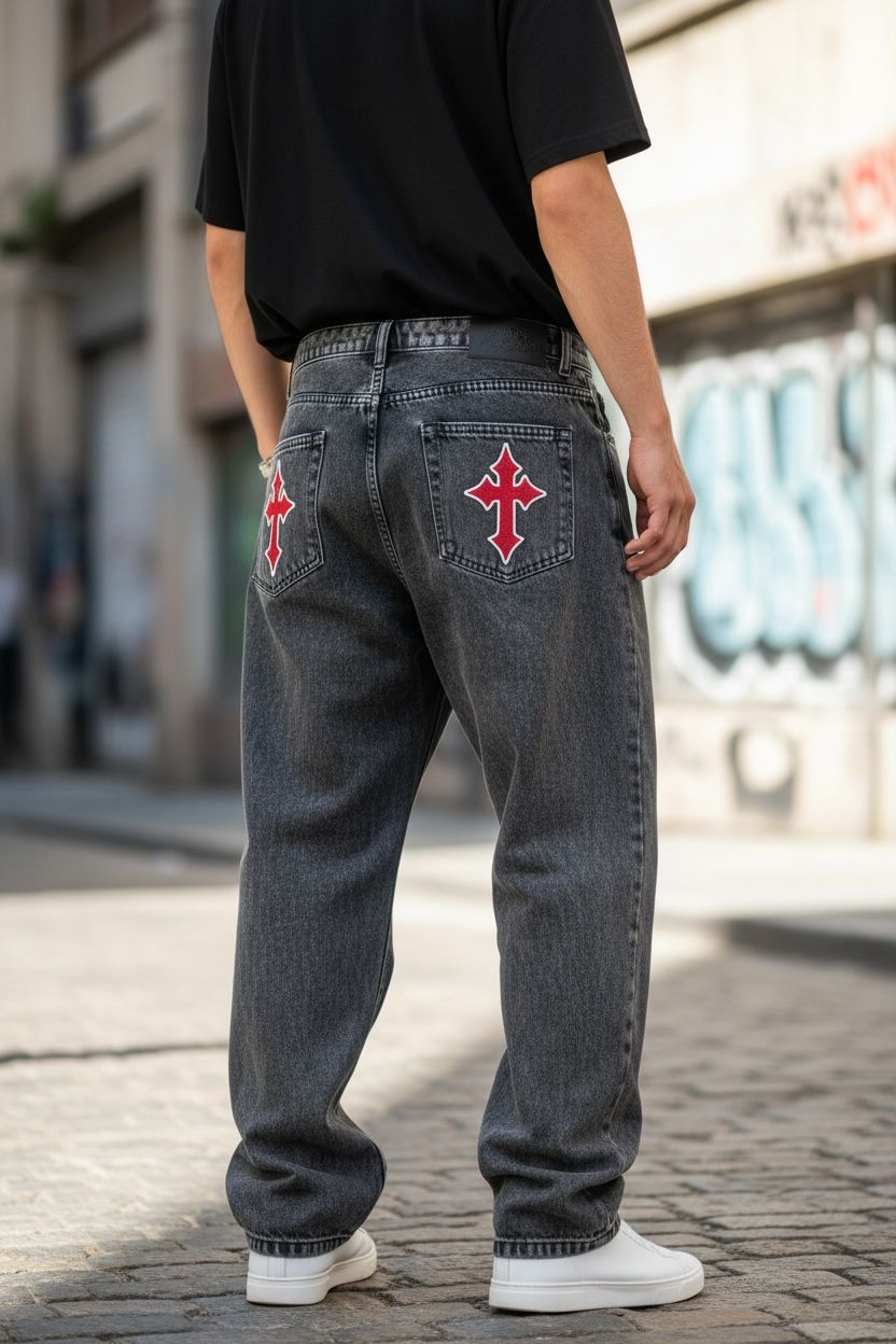Calça Jeans Baggy Trip Side Cruz Bordada - Estonada