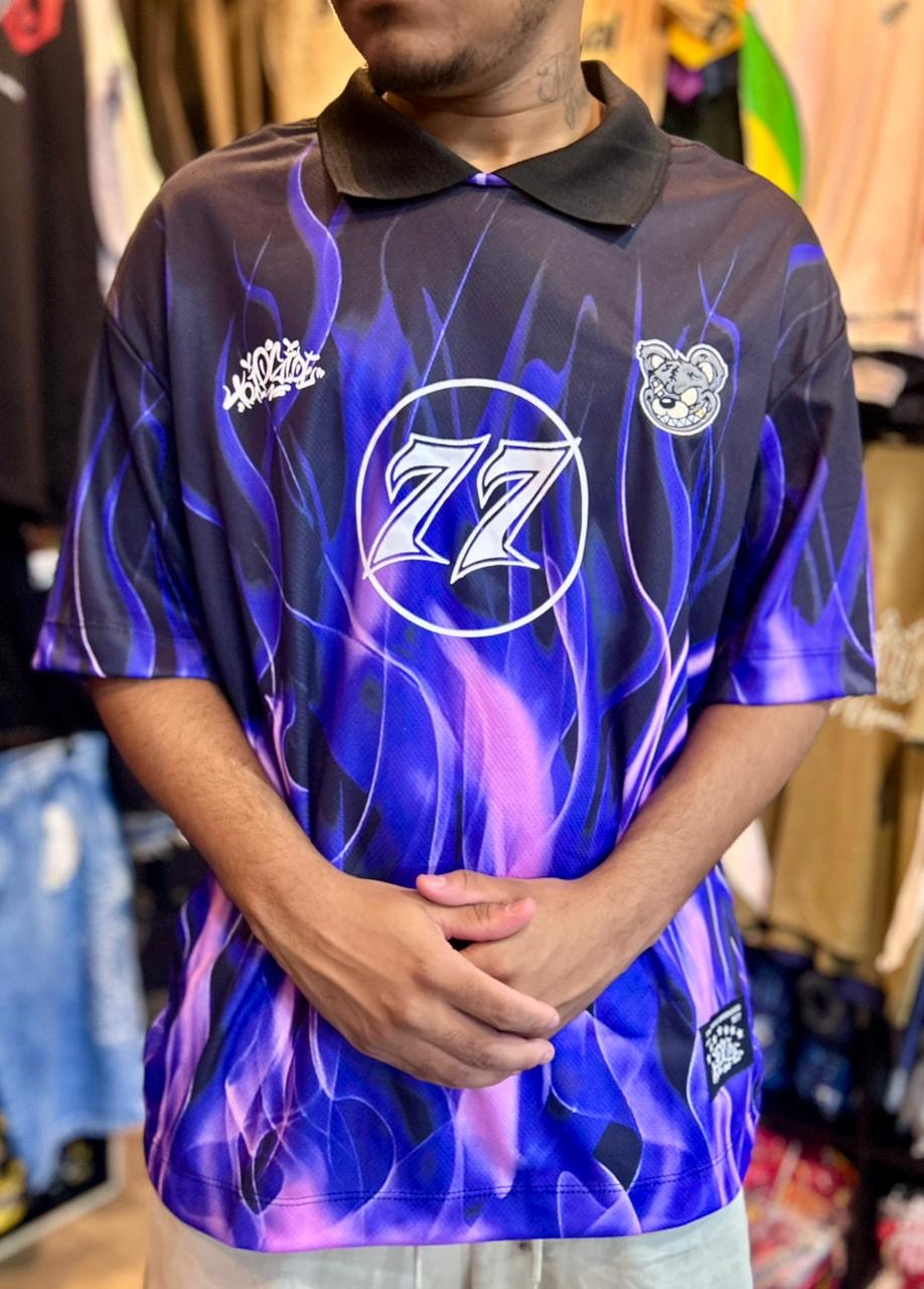 Camiseta Polo Dri Fit “Flame” 77- preta e roxa