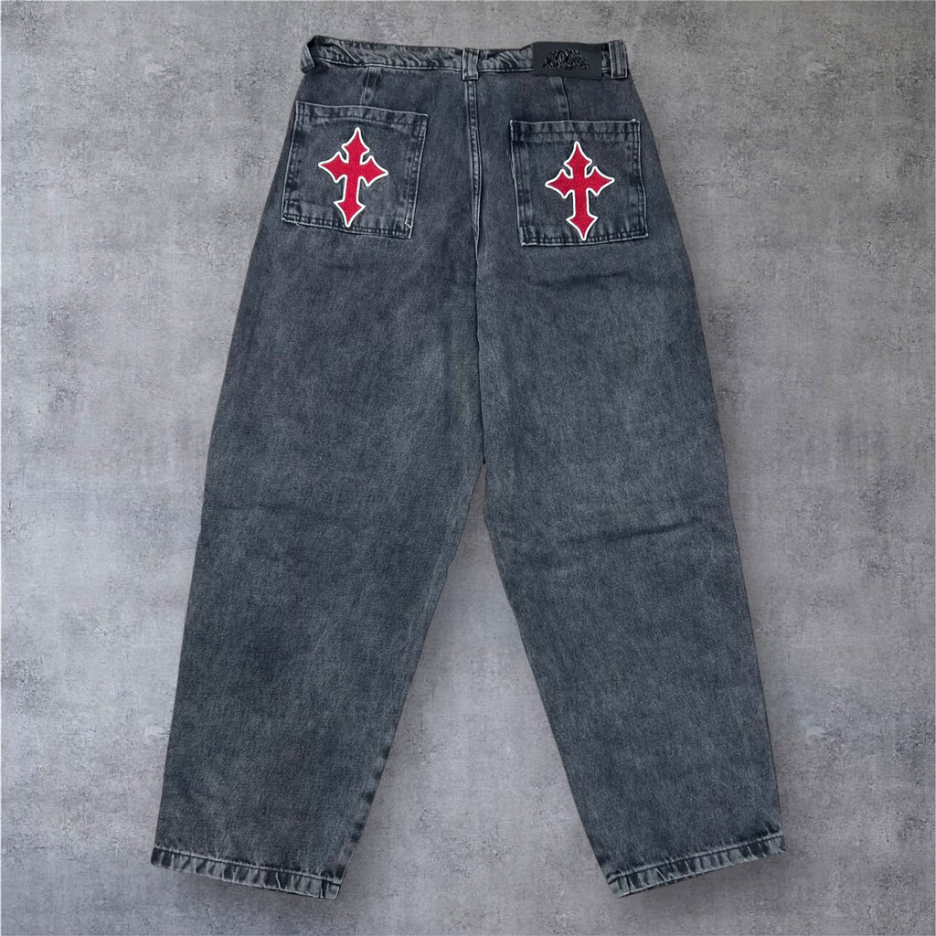 Calça Jeans Baggy Trip Side Cruz Bordada - Estonada