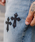Calça Jeans Baggy Vintage Cruz Bordada - Preta
