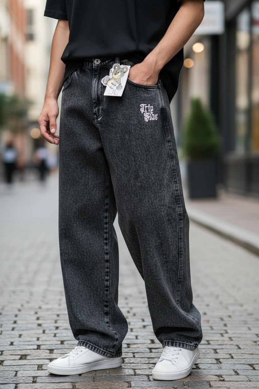 Calça Jeans Baggy Trip Side Cruz Bordada - Estonada