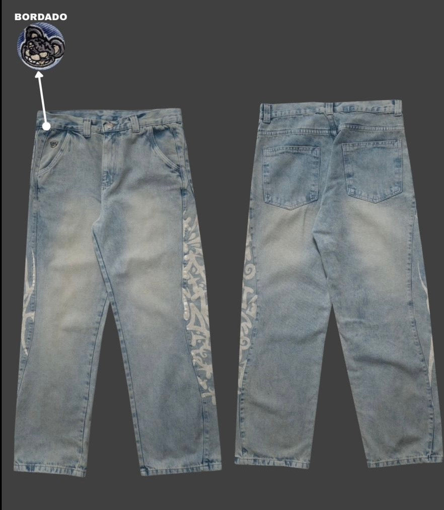 Calça Jeans Baggy Trip Side com Raios nas bordada