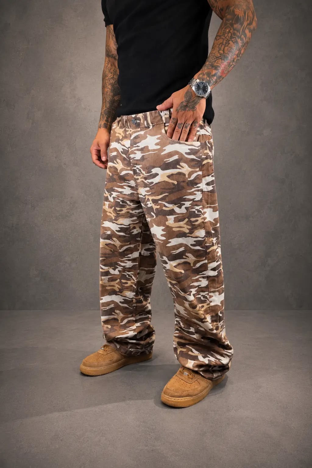 Calça Jeans Baggy Camuflada marrom