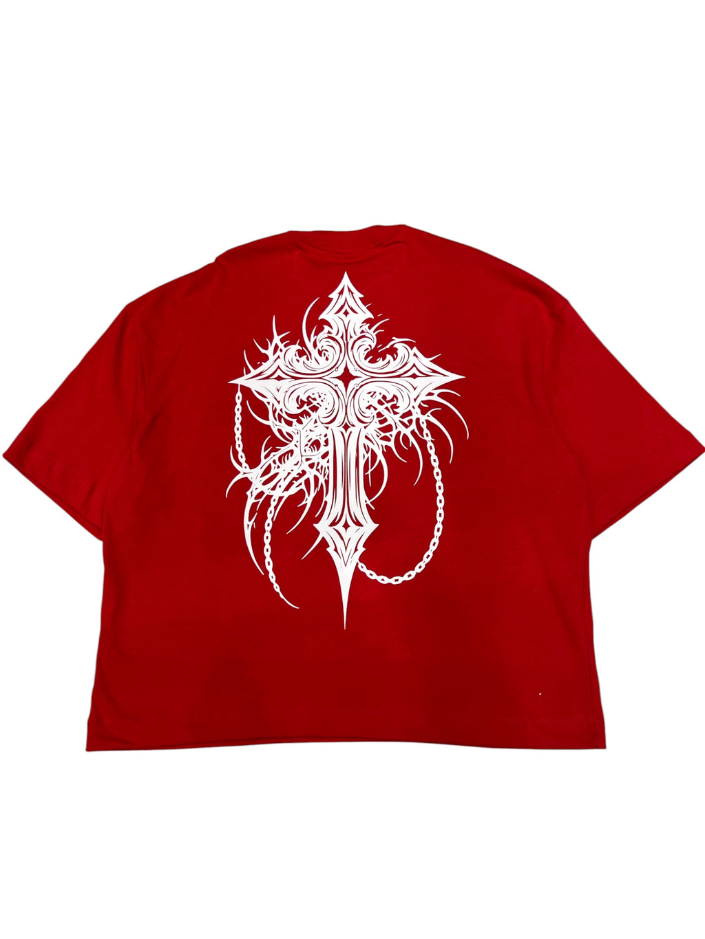 Camiseta Over Box Trip Side "Cruz Na Corrente - vermelha