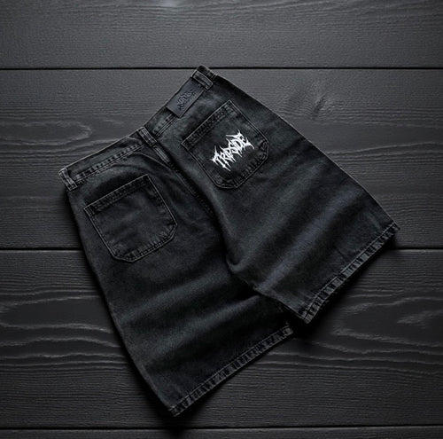 Bermuda Jeans Baggy Trip Side Preto Marmorizado - Bordada