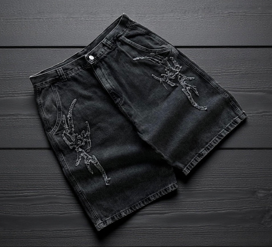 Bermuda Jeans Baggy Trip Side Preto Marmorizado - Bordada