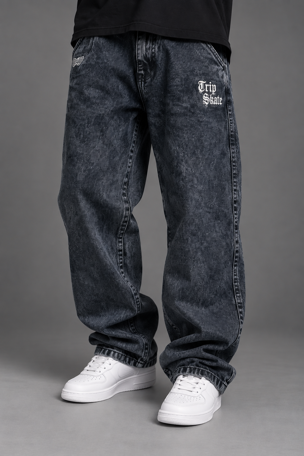 Calça Jeans Baggy Trip Side Cruz Bordada - Estonada