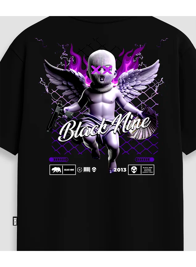 Camiseta Oversized Streetwear B9 Purple Fire Angel - Preta