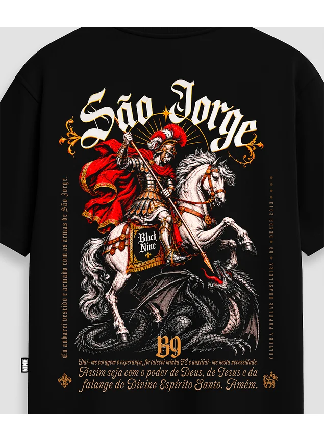 Camiseta Oversized Streetwear São Jorge Guerreiro Brasil - Preta