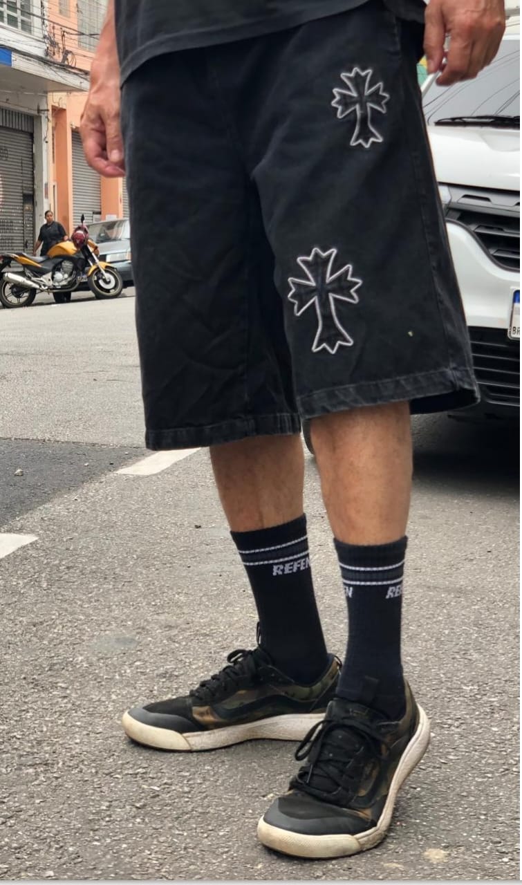 Bermudão Jorts Jeans Cruz Bordada - Black